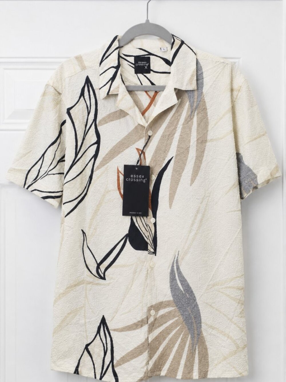 Men L Tropical Abstract Print Camp Collar Essex Crossing Shirt NWT